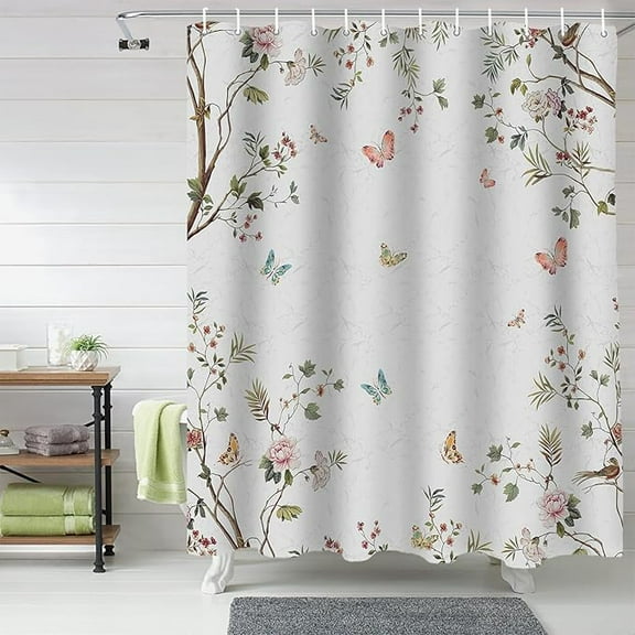 Shower Curtain Butterfly Spring Trees Leaves Floral Bath Curtain Sets For Bathroom Washable, Polyester Fabric With Hooks 36"W x 72"L