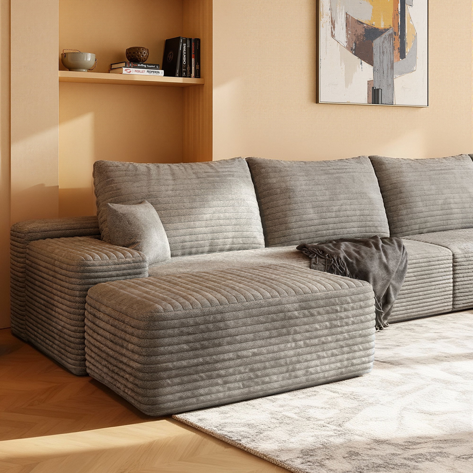 MAYEERTY 135" Cloud Sectional Sofa with 1 Ottoman, Modern Minimalist U-Shaped Deep Seat Couch, No Assembly Plush Corduroy Fabric, Gray (4 packages)