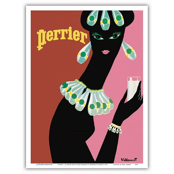 Perrier - La Femme Noir (Black Woman) - Vintage Advertising Poster by Bernard Villemot c.1977 - Master Art Print (Unframed) 9in x 12in