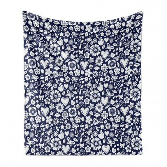 Navy Blue Soft Flannel Fleece Throw Blanket, Multi Designed Pattern with Hearts Butterflies Leafs and Dots Image, Cozy Plush for Indoor and Outdoor Use, 50" x 70", Navy Blue and White, by Ambesonne