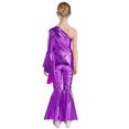 thumbnail image 2 of IEFIEL Girls Shiny Metallic Bell-Bottom Dance Jumpsuit One Shoulder Side Zipper Bodysuit Carnival Performance Costume A Purple 6, 2 of 7