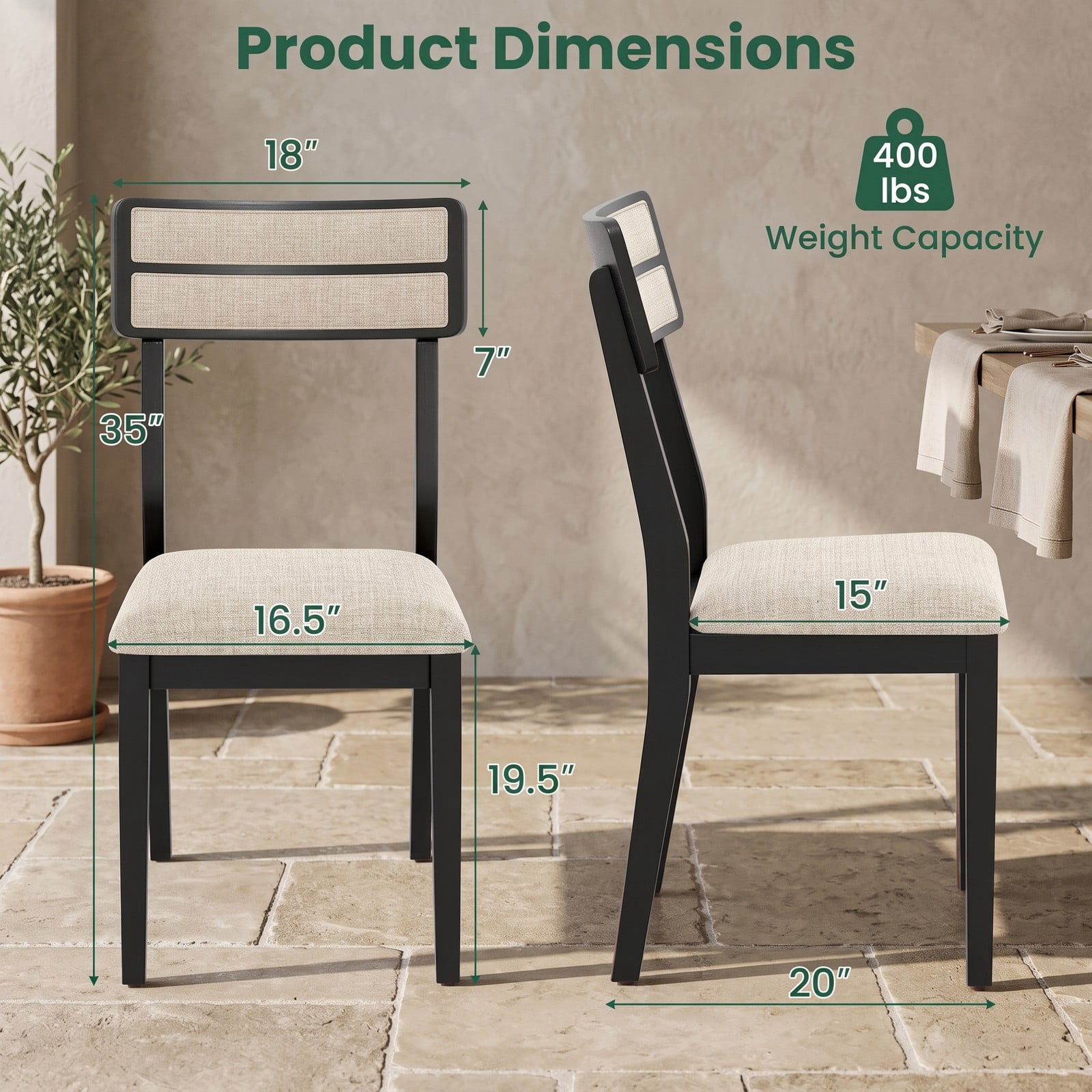 Furnibear Modern Dining Chairs Set of 2, Upholstered Linen-Feel Fabric Kitchen Chairs with Tilt Backrest and Solid Rubber Wood Legs, Padded Accent Side Chairs, Black