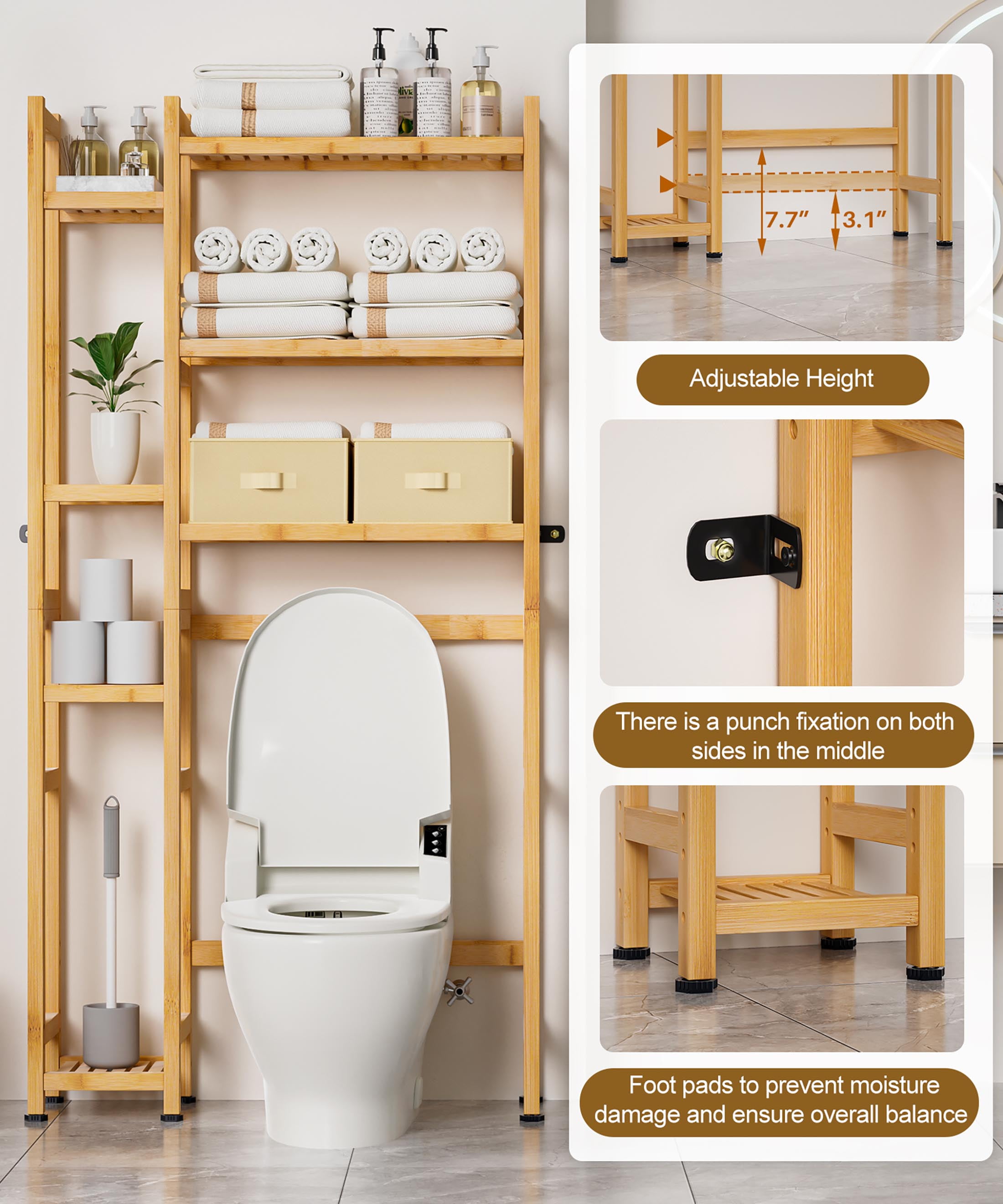 Enogets Over the Toilet Storage, Bamboo Bathroom Organizer with Adjustable Rack, Basket, Drawer & Waterproof feet
