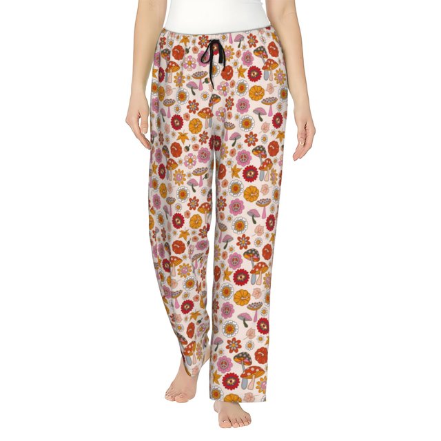 Fotbe Fall 70s Groovy Hippie Pantalones de Pijama para Mujer, Pantalones de Dormir, Pantalones Pj con Cordón y Bolsillos-Large