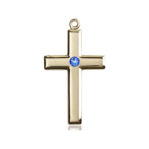 14kt Yellow Gold Cross Medal with 3mm September Blue Swarovski Crystal 1 1/8 x 5/8 inches