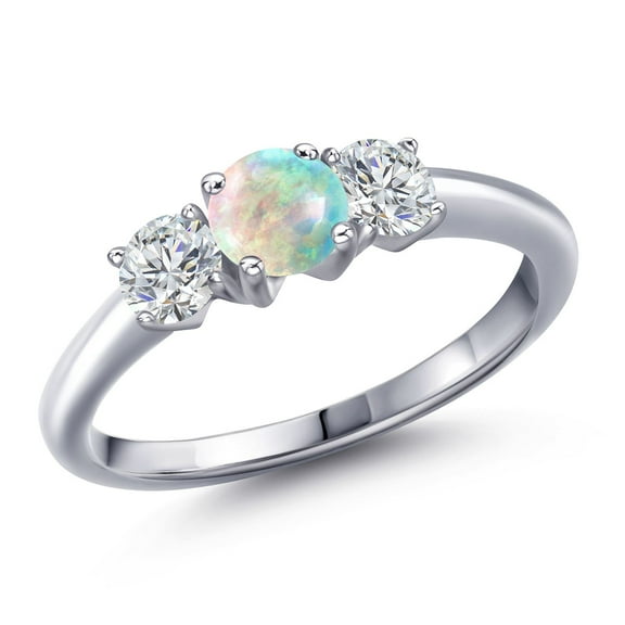 Gem Stone King 925 Sterling Silver Simulated White Opal and Lab Grown Diamond Engagement Ring for Women | 1.04 Cttw | Round Cabochon 5MM | Gemstone October Birthstone | Size 5