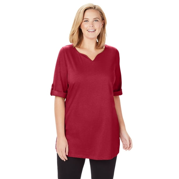 Woman Within Woman Within Women's Plus Size Perfect RollTabSleeve NotchNeck Tunic Tunic