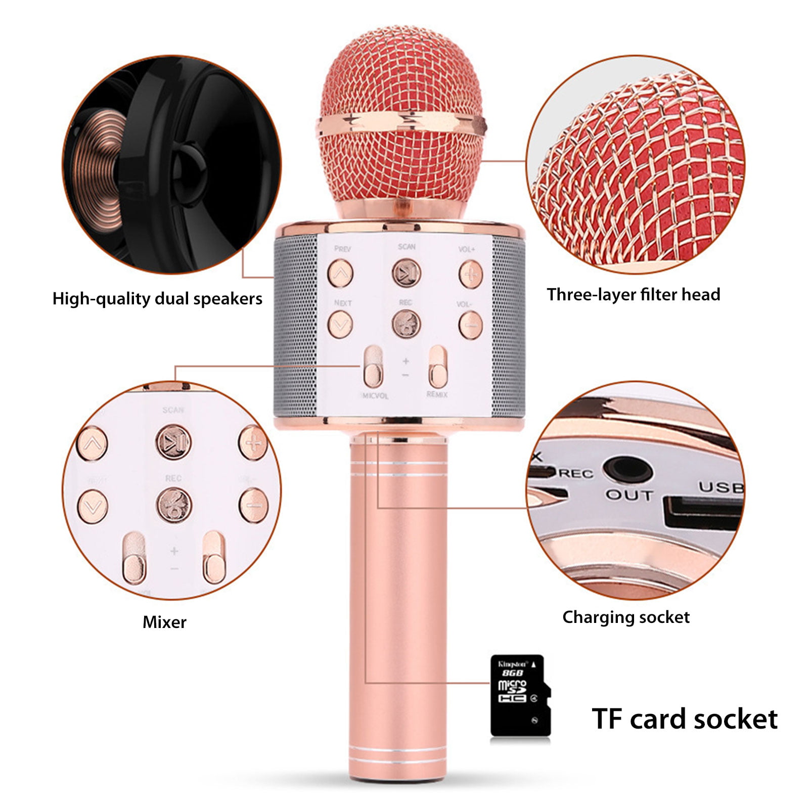 Pink 8 Level Reverb&4 Magic Sound Effects for Smartphone/PC dyplay Wireless Bluetooth Karaoke Microphone with Speaker Portable Handheld Karaoke Mic Home Party 