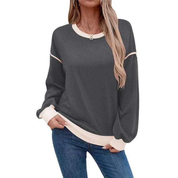 Sudadera Informal de Larga para Mujer, Cuello Redondo, Holgada, , con Ribete en Contraste. Gris L