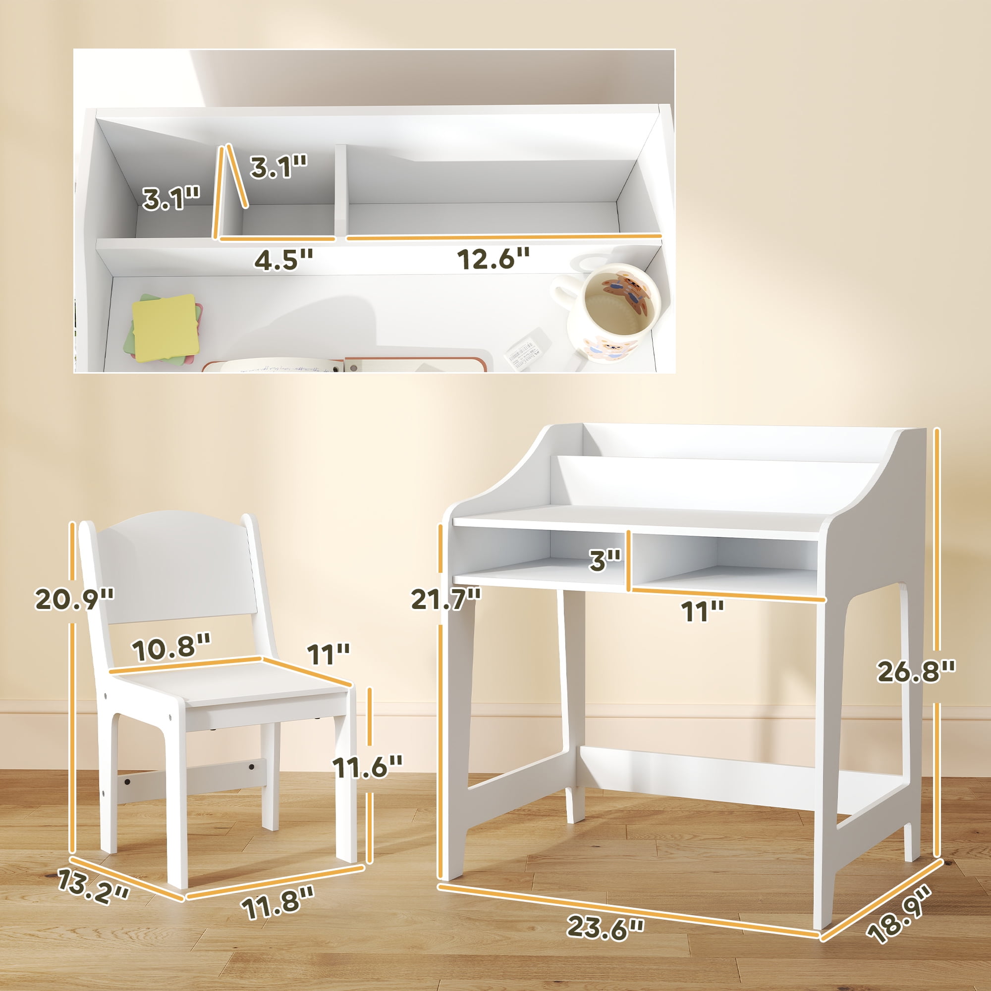 Qaba Kids Desk and Chair Set, Children Study Table with Storage Shelves, Student Writing Desk for Bedroom & Study Room, 3-8 Years Old, White