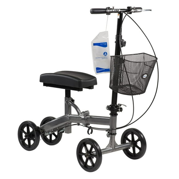 Dynarex Steerable Knee Walker with Basket–Compact, Knee Scooter with Black Padded Rest for the Right or Left Leg, 300lbs. Weight Capacity, Silver, 1-Dynarex Steerable Knee Walker with Basket-Compact