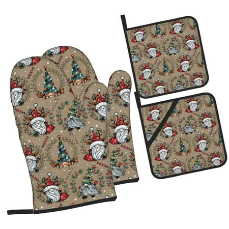 

Honeii Santa Claus cute Pattern Oven Mitts and Pot Holders Silicone Oven Gloves 500 F Heat Resistant Oven Mitts Sets 4PCS