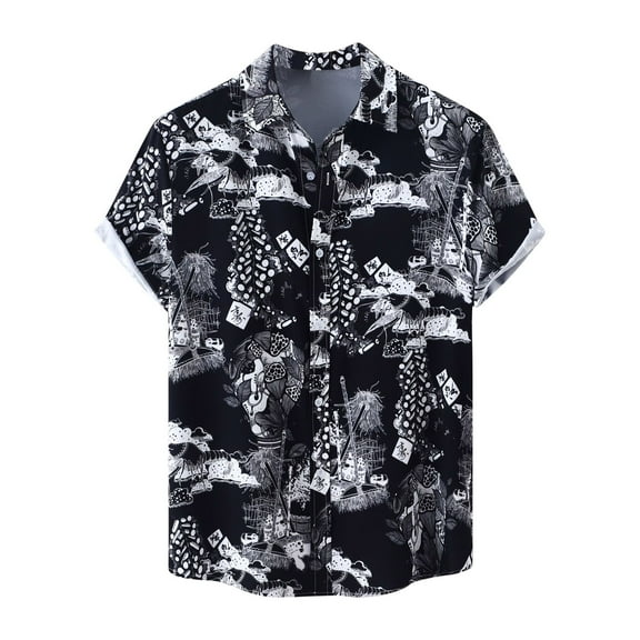 WREESH Mens Hawaiian Summer Beach Shirt Unisex Short Sleeve Color Block Shirts Graphic Printed Button Down Shirts with Pocket Black