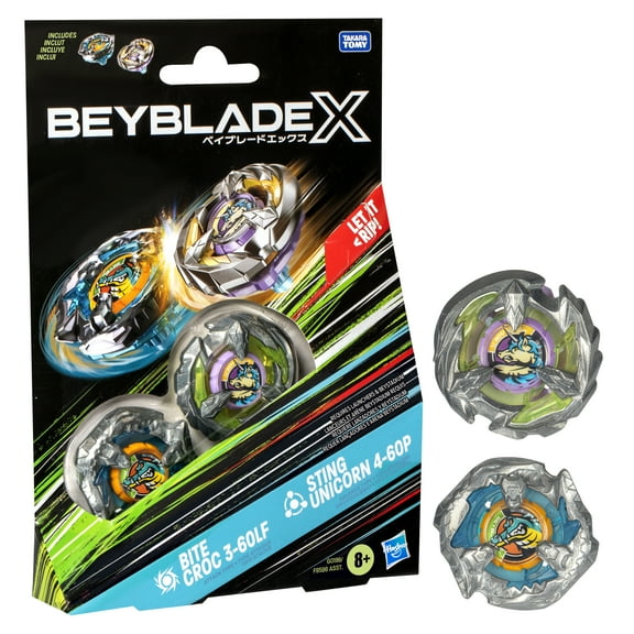 Beyblade X Bite Croc 3-60LF and Sting Unicorn 4-60P Top Dual pack Battling Top Set, Ages 8 