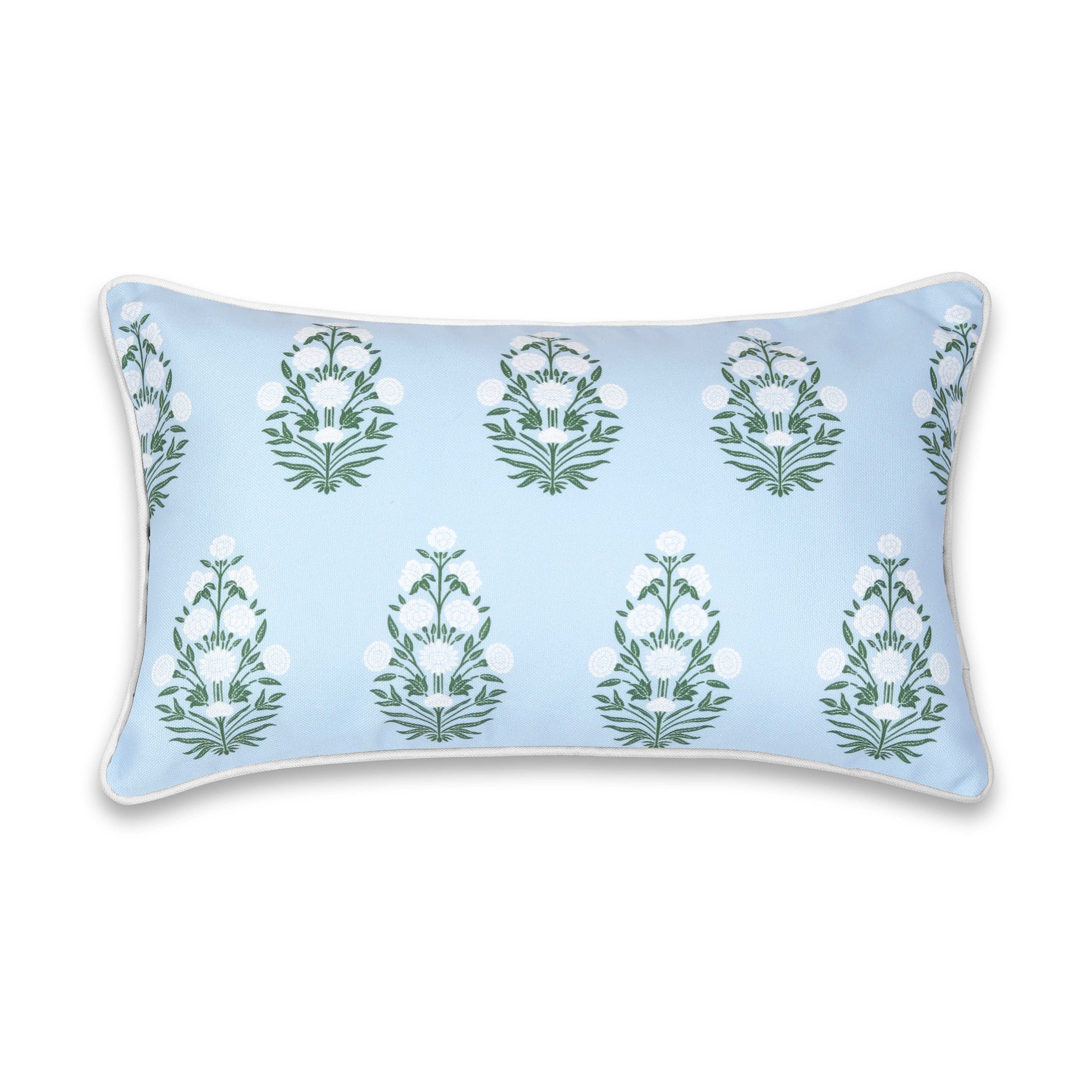 Hofdeco Premium Coastal Patio Indoor Outdoor Lumbar Pillow Cover Only, 12"x20" Water Repellent for Backyard, Couch, Baby Blue White Green Floral with Piping