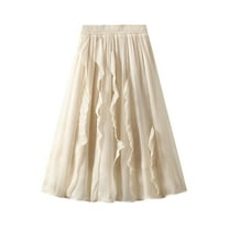 SWSMCLT Women's Ruffle Skirt Pleated Chiffon Elastic Waist Fashion A Line Summer Flowy Spring Elastic Elegant Apricot Small-Large