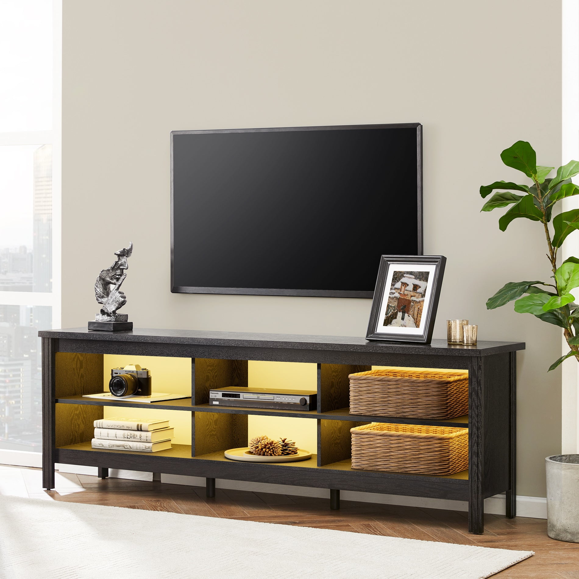 FITUEYES 70" Farmhouse TV Stand for 75 inch TV, Black Entertainment Center with 6 Storage & LED Light for Living Room, Bedroom