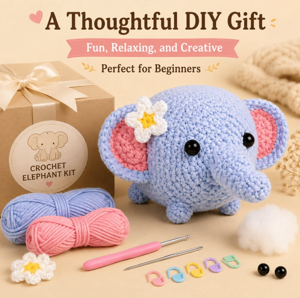 Elephant Crochet Kit for Beginners, 1 Pack Amigurumi Starter Set with Step by Step Video Tutorial, TIKA