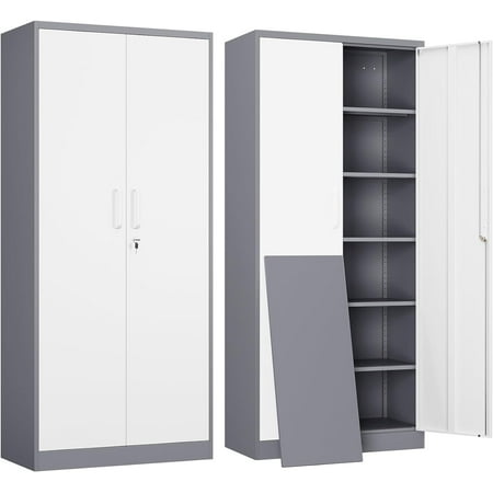 Yizosh Metal Garage Storage Cabinet with 2 Doors and 5 Adjustable Shelves - 71" Steel Lockable File Cabinet,Locking Tool Cabinets for Office,Home,Garage,Gym,School (Gray White)