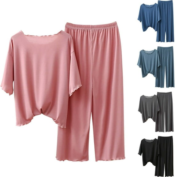 Three Quarter Sleeve Pajama Set Comfortable Pants Home Wear Relaxed Fit