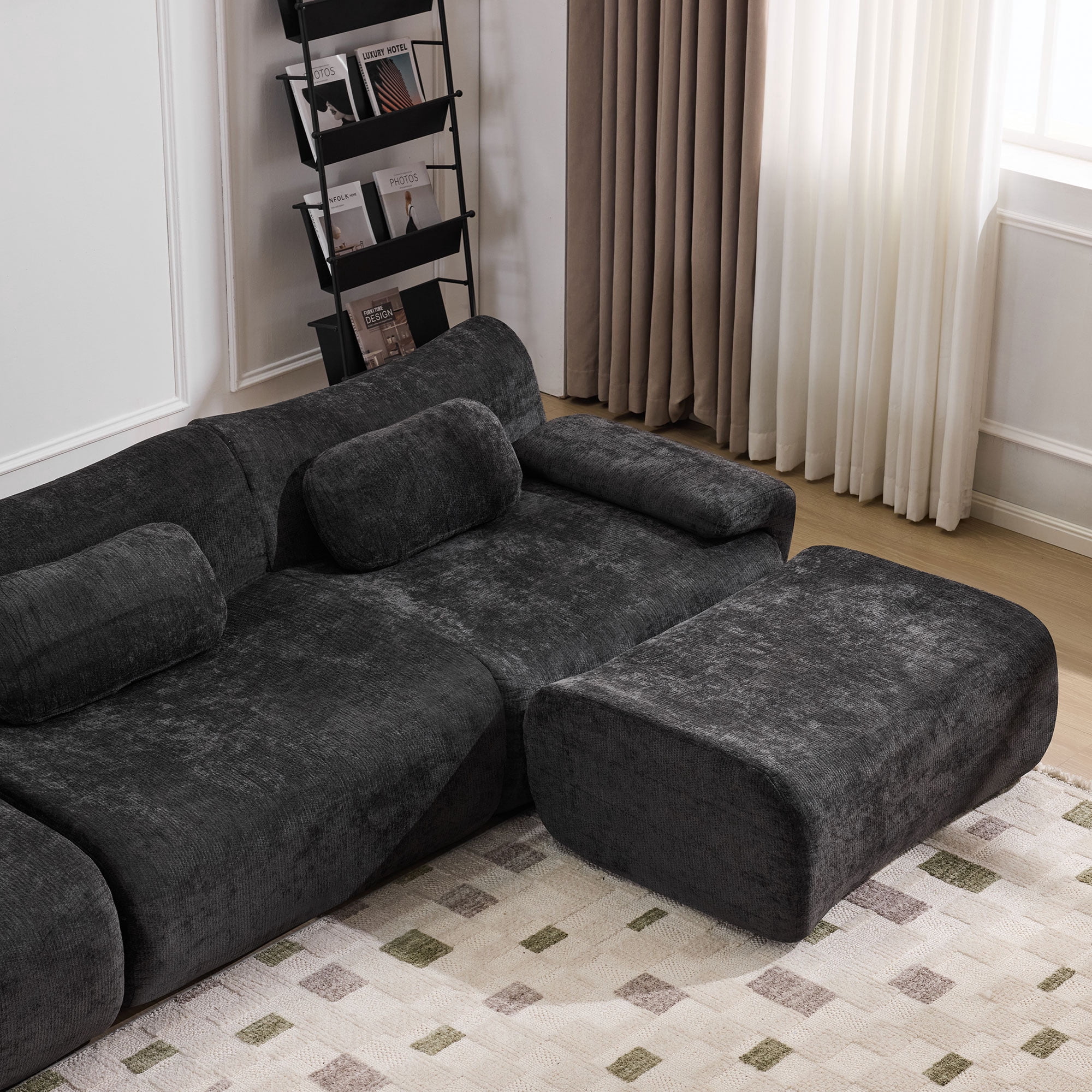 Gewnee 107.9"Modular Sectional Sofa,Upholstered Cloud Couch with Deep Seat & Ottoman,L-Shaped Chenille Sofa for Living Room.Black