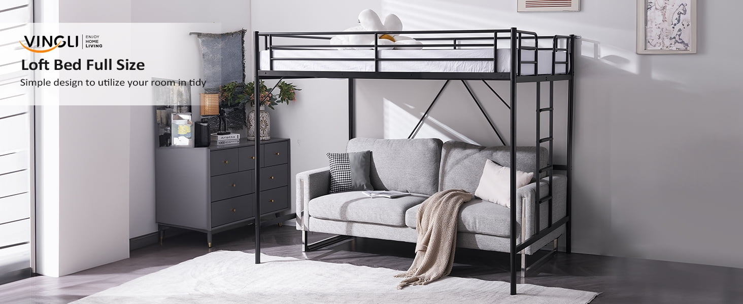 Ktaxon Loft Bed Full Size with Flat Rungs, No Box Spring Required,Heavy Duty Metal Slat Support,Black