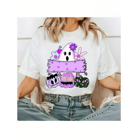 Halloween Womens Pumpkin Bat Graphic Tee T Shirt Tops Short Sleeve Round Neck White S-5XL