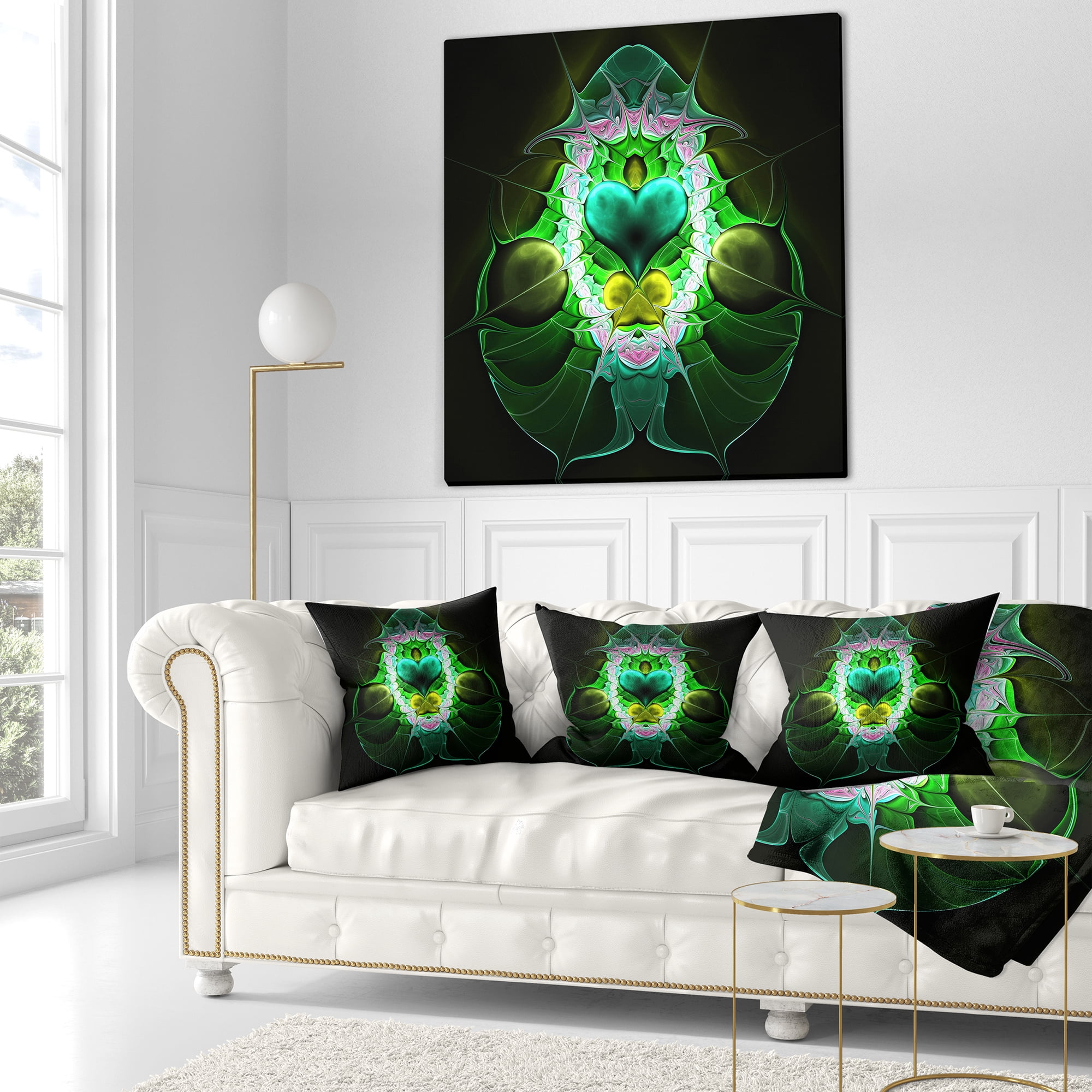 Designart Large Symmetrical Fractal Heart Green - Abstract Throw Pillow - 16x16