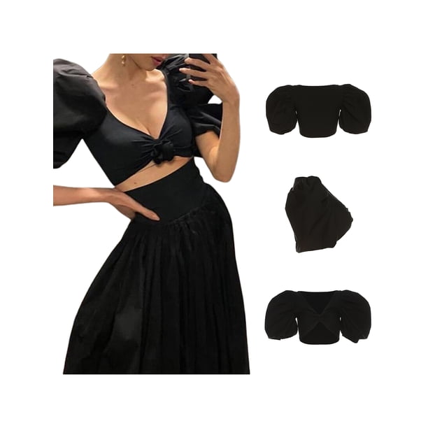 TRKIYQC Blusa Mujer, Color Sólido Escote en V Profundo Manga Corta Puff Tops Cortos Escotados para Verano, Blanco/Negro, S/M/L TRKIYQC Vida cotidiana