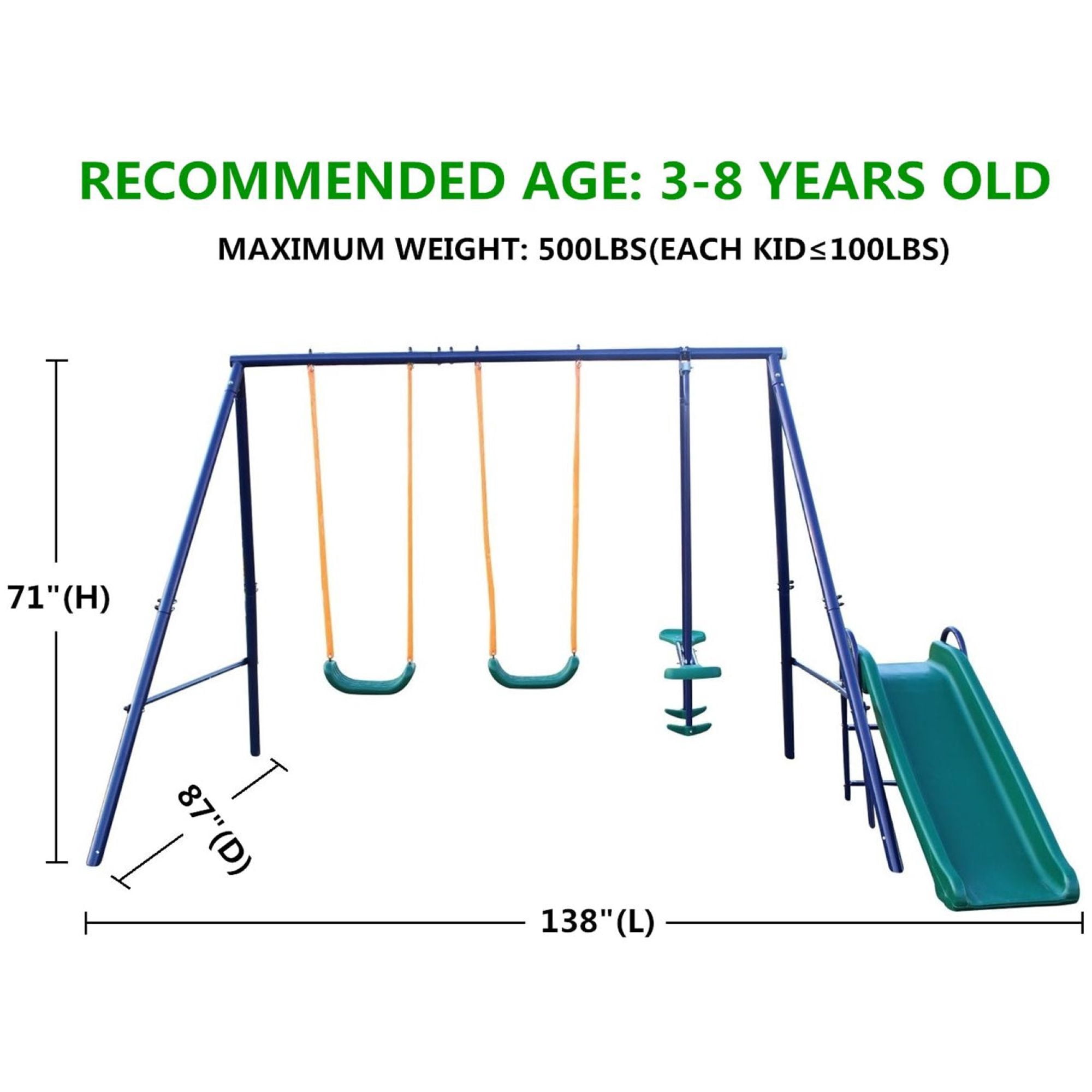 4-in-1 Swing Set for Backyard with Slide, Swing Heavy Duty 440lbs Metal Outdoor Swing Stand with Belt Swing, Slide, Glider for Playground, Backyard Playset