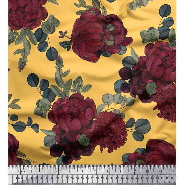 Soimoi Yellow Rayon Fabric Leaves & Maroon Floral Printed Fabric 1 Yard 56 Inch Wide