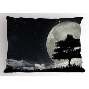 Night Pillow Sham Silhouette of a Ancient Tree Against Giant Moon Starry Sky Fantastic, Decorative Standard King Size Printed Pillowcase, 36 X 20 Inches, Silver Black Charcoal Grey, by Ambesonne
