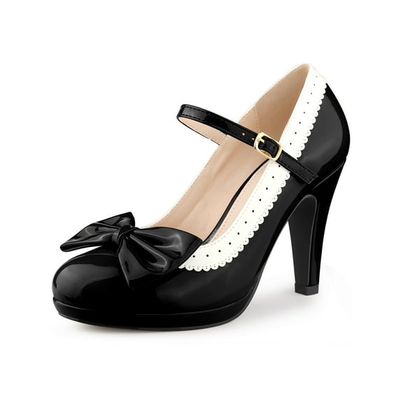 BLISSFUL STEP Women's Mary Jane Pumps Ankle Strap Bow Decor Closed Toe Stiletto Heels Black 7