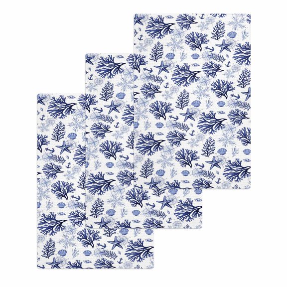 Navy Blue Coastal Kitchen Dish Towels for Drying Dishes Set of 3, Coral Starfish Seaside Summer Beach Waffle Weave Microfiber Hand Tea Bathroom Towels Quick Dry & Absorbent Towel 15.7x23.6