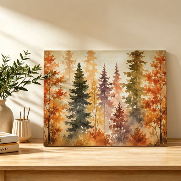 Fall Forest Canvas Wall Art, Country Vintage Watercolor Orange Green Pine Trees Leaf Wall Art Prints Artwork Framed Canvas Ready to Hang Art Pictures for Bathroom, Dressing Table, Entryway 12" x 8"