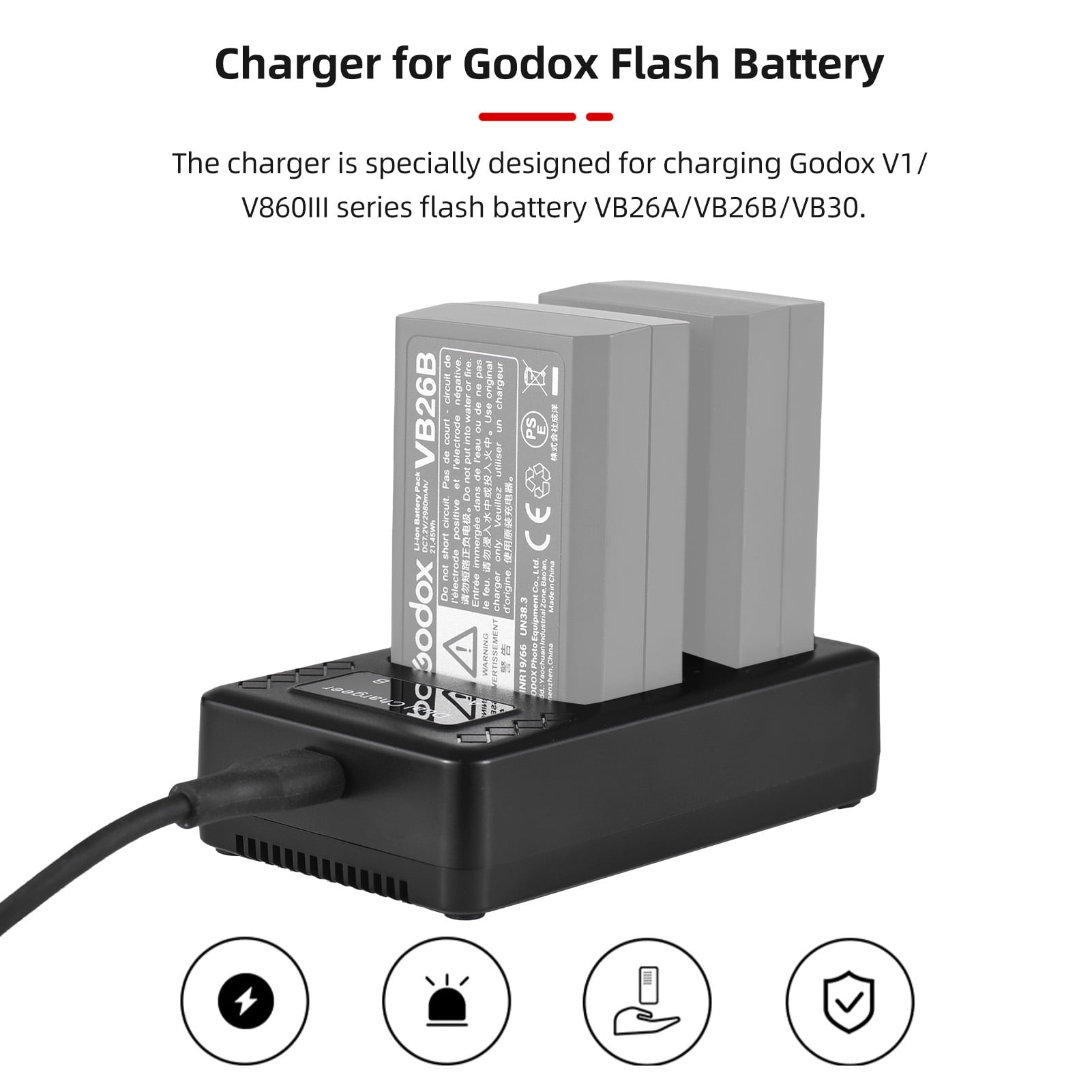 Camnoon Portable charger with 2 slots for Godox V1/V860III VB26A/VB26B