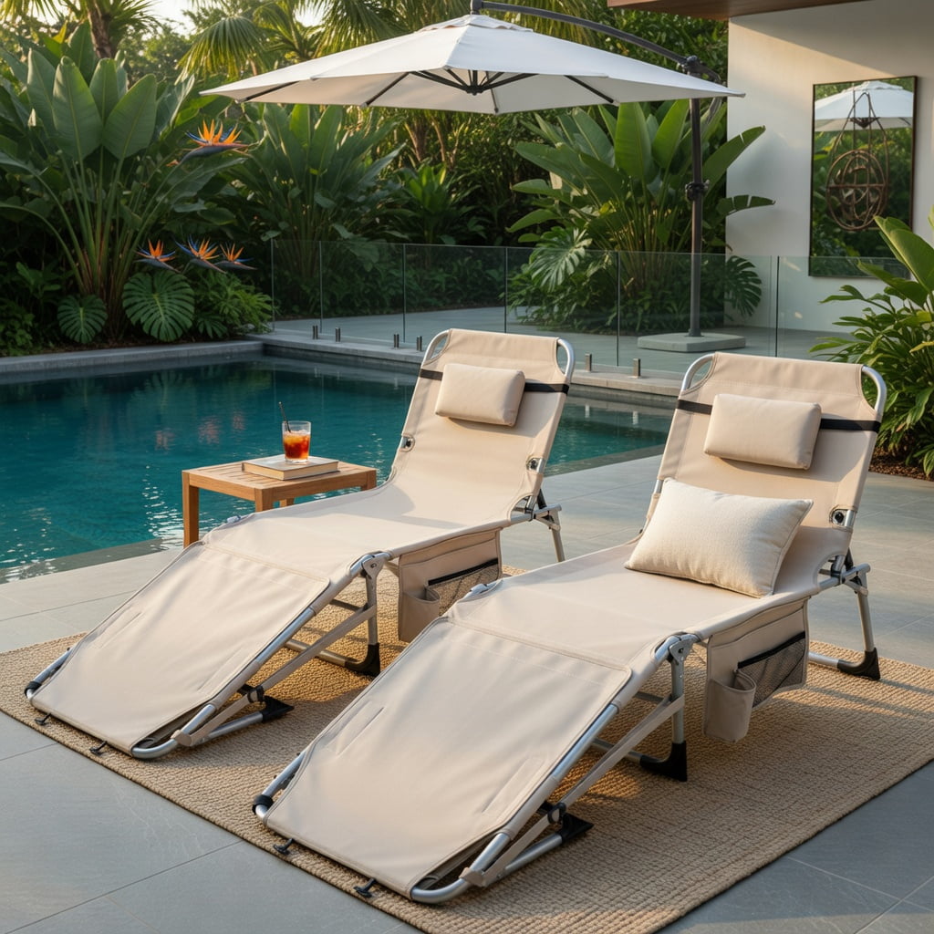 Hommoo Portable Folding Tanning Chair with Adjustable Backrest, Face Hole & Arm Openings, Lightweight Sunbathing Lounger for Beach, Pool & Backyard, Beige