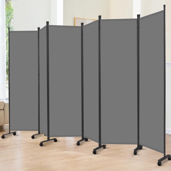 Room Divider 6FT Room Partition with Lockable Wheels, 6 Panel (Thicked Metal Base) Room Dividers, Freestanding Indoor Folding Privacy Screens, Portable Fabric Wall Divider for Room Separation, Grey