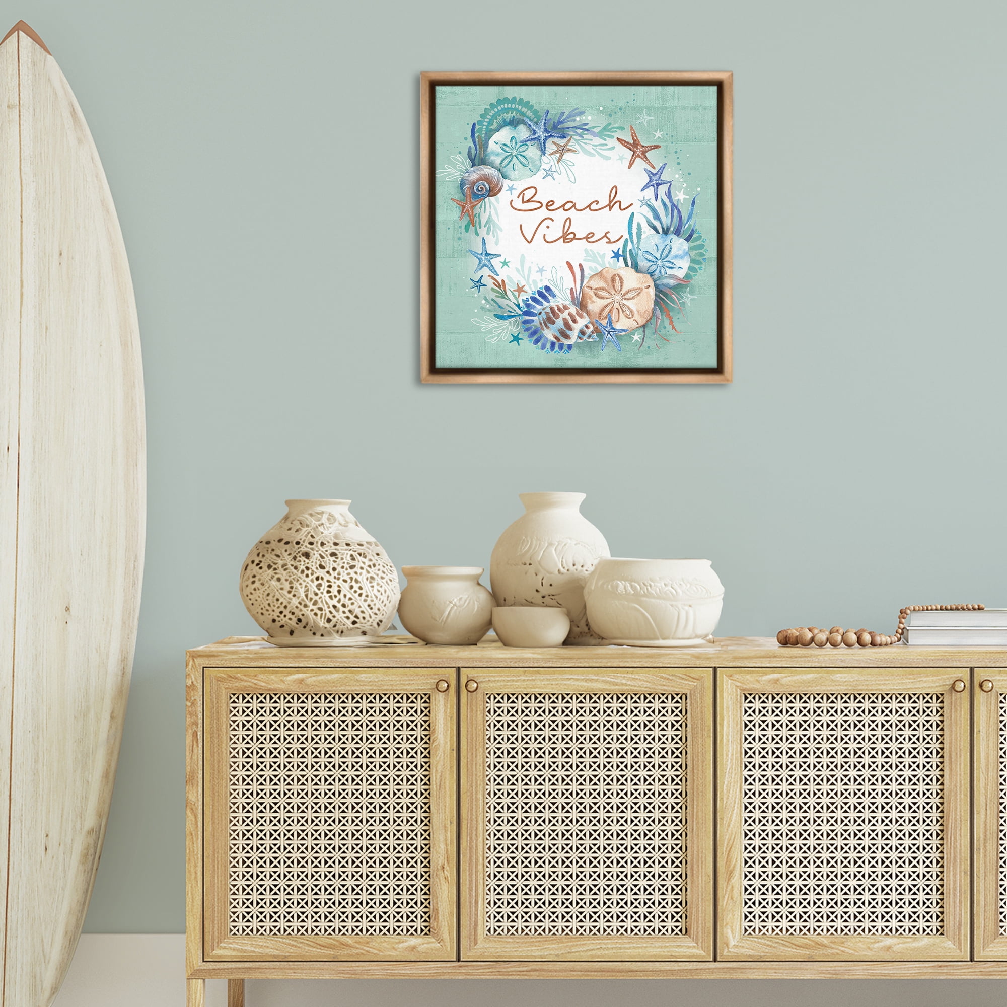 Stupell Industries Beach Vibes & Seashells Coastal Painting Brown Floater Framed Canvas Art Print Wall Art, 25 x 25