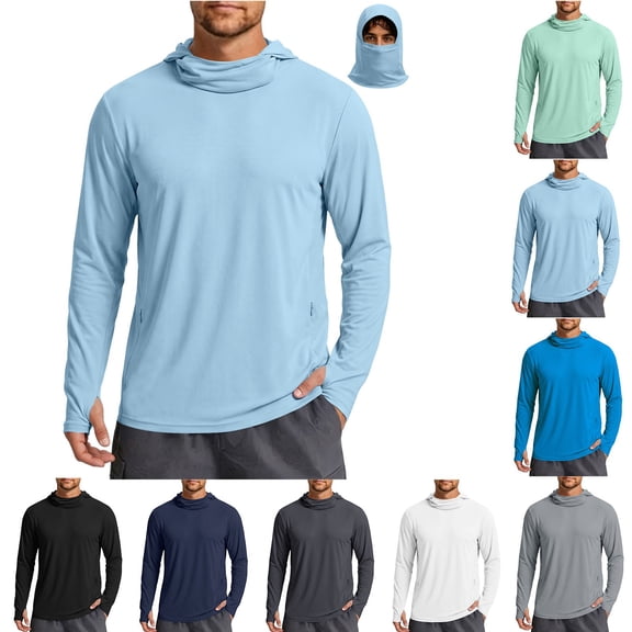 BiZtdJrK Mens Sun Protection Hoodie with Mask UPF 50 Quick Dry Long Sleeve Fishing Hiking Shirts Solid Color Lightweight UV Rash Guards Gray S