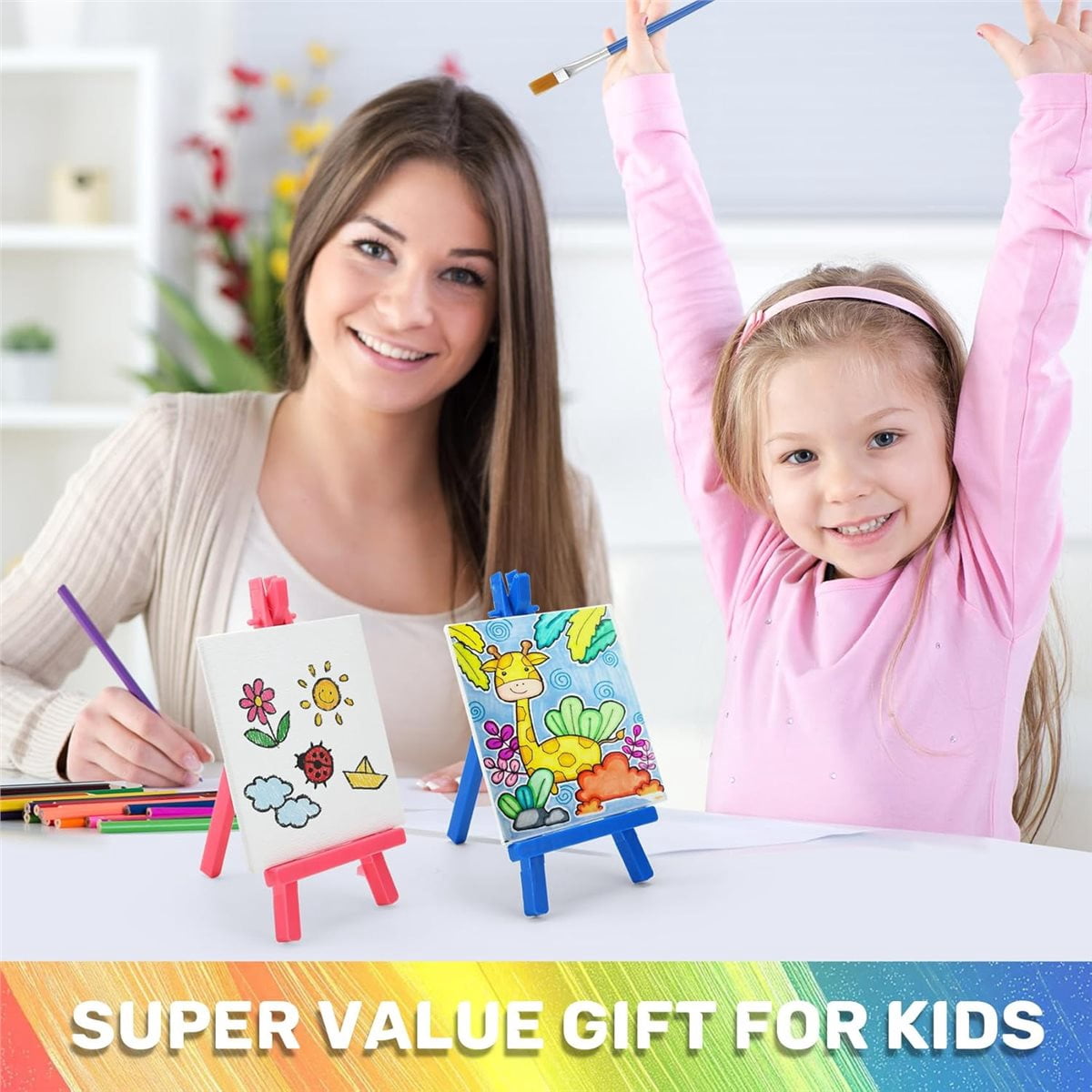 24 Pcs Canvas and Easel Set,Adult Party Painting Kit,24 Pcs 4" X 4" Art Easel Stand, 24 Brushes&Palette for DIY & Gifts