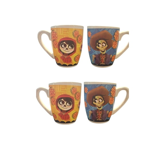 Juego 4 Tazas de Cerámica con Diseño Miguel y Héctor, Coco Disney Pixar, Ideal para Bebidas Calientes, Capacidad 280 ml