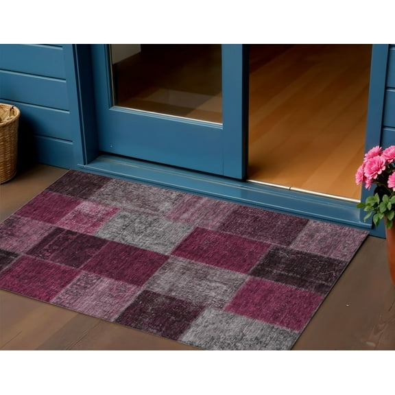 5' X 8' Merlot Burgundy And Gray Patchwork Washable Indoor Outdoor Area Rug