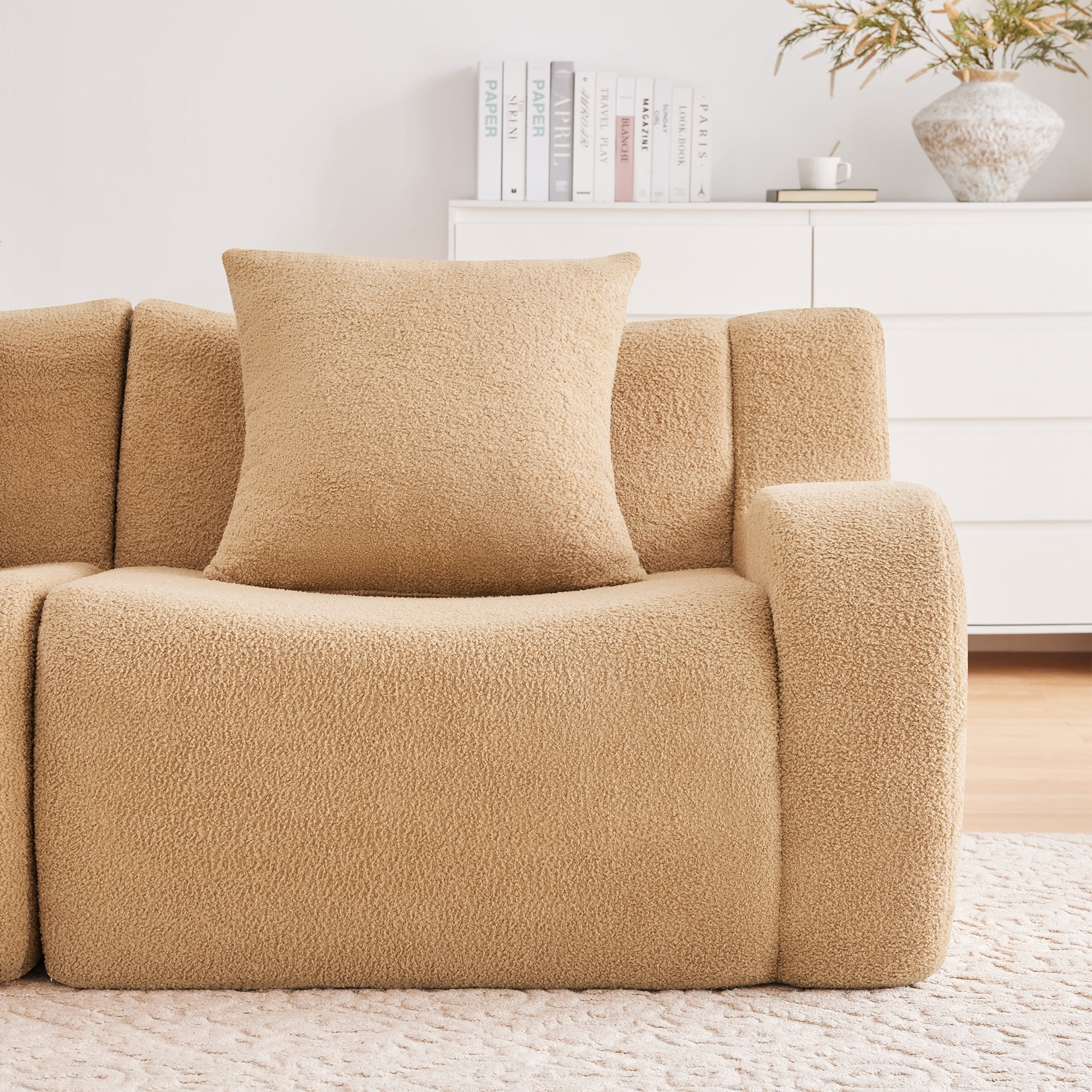 Aukfa 83" Boneless 2-Seater Modular Loveseat Sectional Sofa, 27.5" Deep Seat, Teddy, Camel