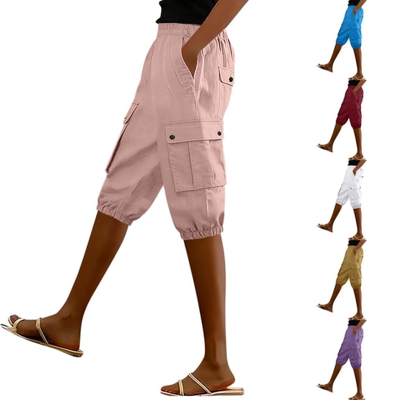 HBGVBA Capris Pants for Women,Plus Size Casual Shorts,Linen Loose Fitted Long Pants Elastic Waist Straight Leg Shorts