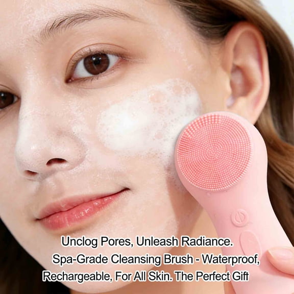 OEQOWBBU Facial Cleansing Brush, Waterproof and Rechargeable Electric Face Scrubber for Men & Women, Exfoliating, Massaging, and Cleansing - Pink