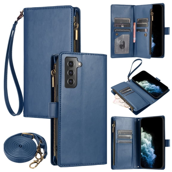 Compatible with Samsung Galaxy A32 5G Wallet Case, [9 Card Slots] [Cash Pocket] [Zipper Pocket] Removable Adjustable Crossbody Strap Wrist Strap Magnetic PU Leather Kickstand Phone Case, Blue