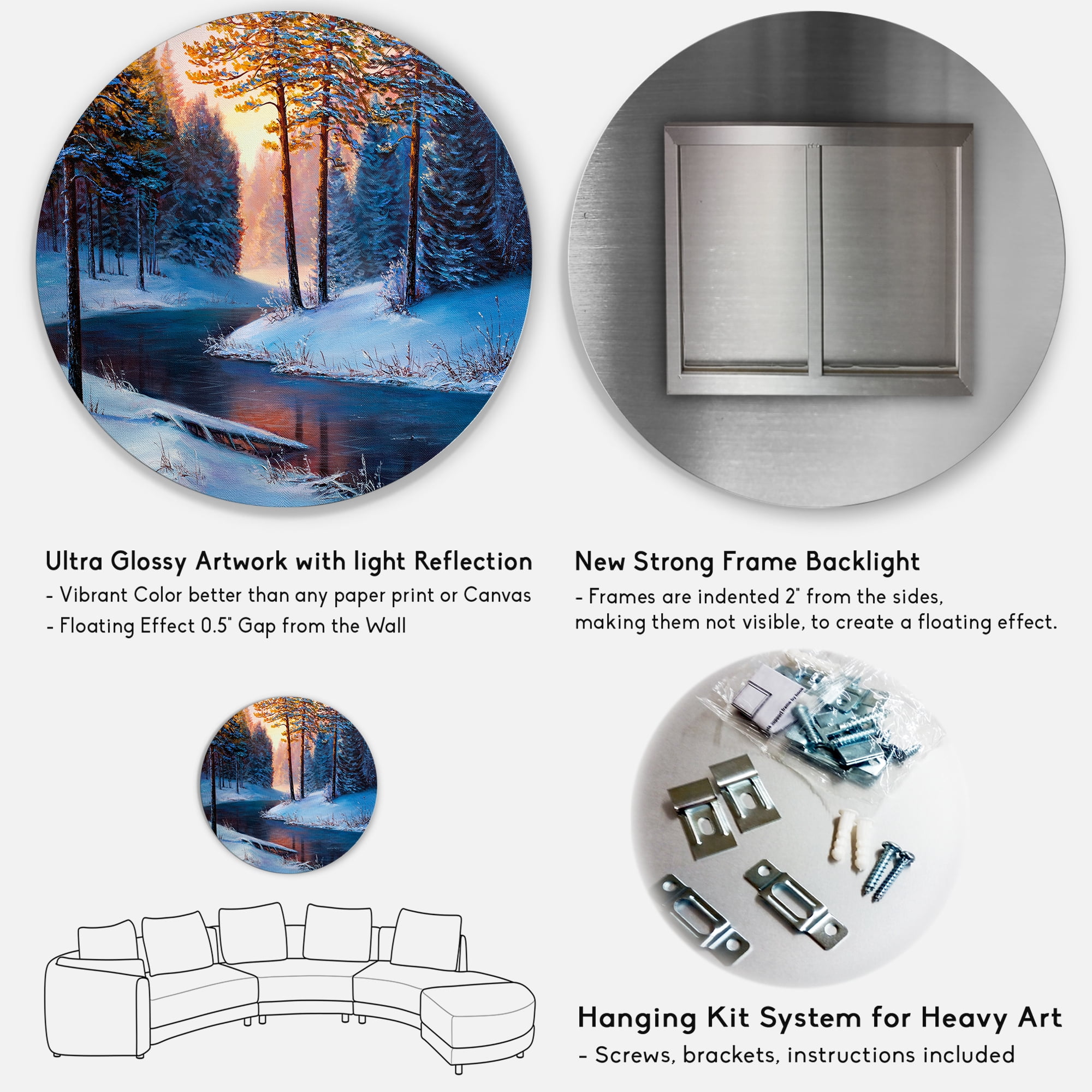 Designart 'Morning Glow Through The Christmas Forest By The River' Lake House Circle Metal Wall Art 29x29 - Disc of 29