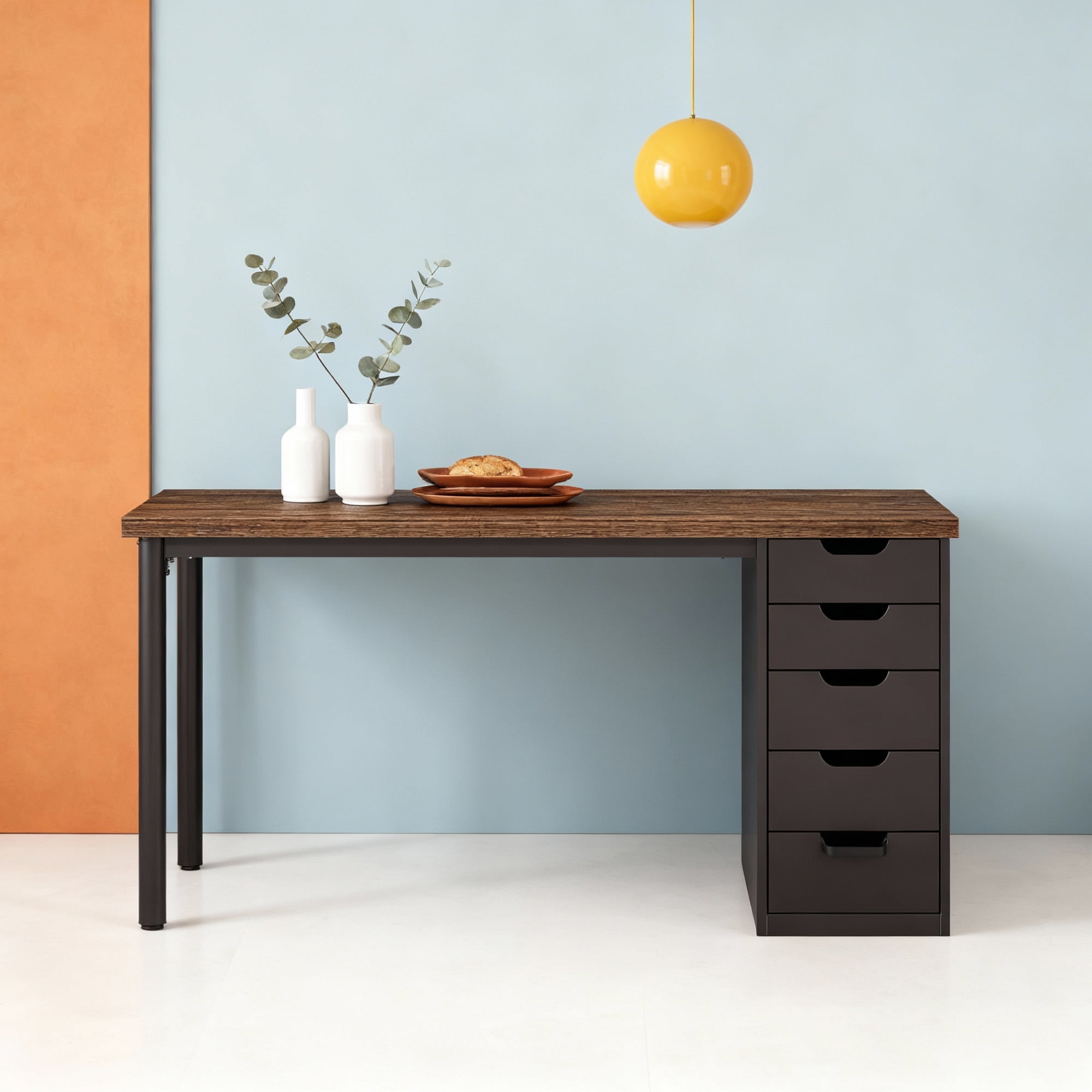 KIOOTTO 47" Computer Desk with 5 Drawers, Reversible Storage Cabinet and Compact Home Office Workstation, Brown