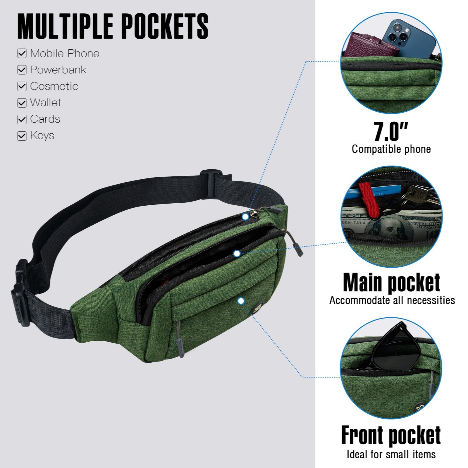 WATERFLY Unisex Lightweight Running Hiking Jogging Nylon Fanny Pack Waist Bag-Army Green